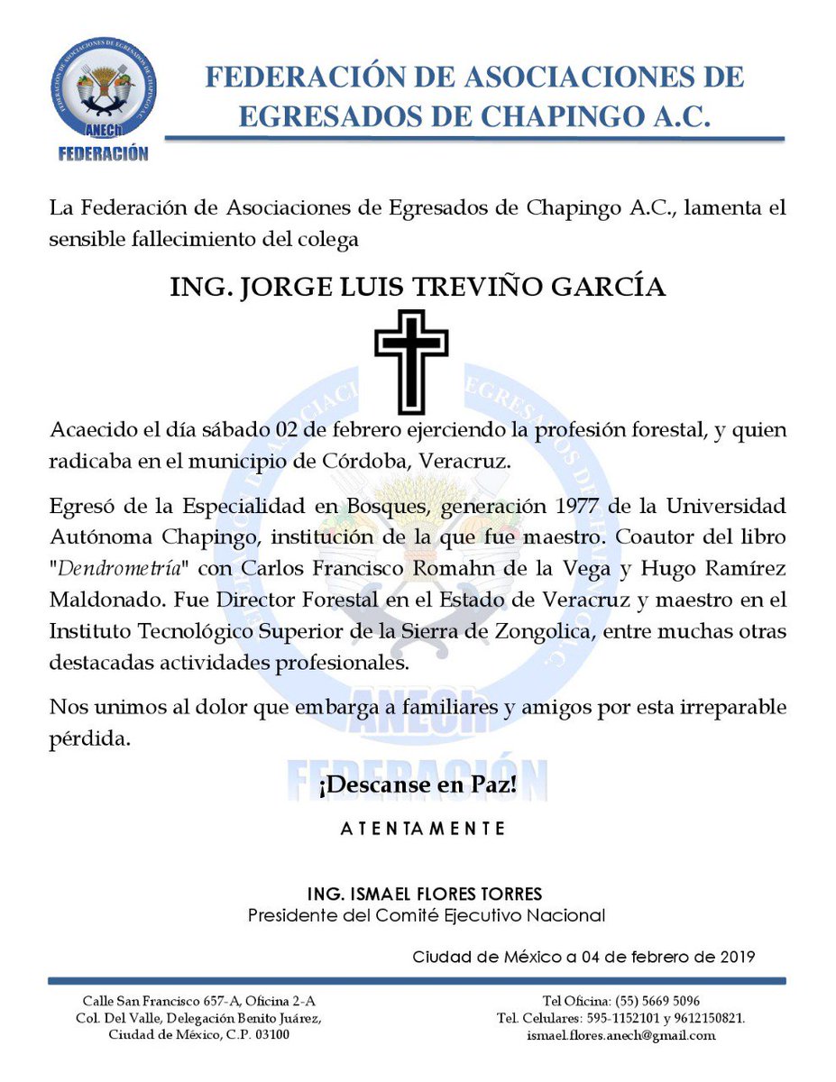 ANECh_Oficial's tweet photo. Descanse en paz nuestro colega Ing. Jorge Luis Treviño García. @Aechoac @CIESTAAM_UACh @uach_chapingo @FTSTyF @CONAFOR @Colpos_Ver @ANECh_Veracruz @AMPForestales @Probosque_ @CONANP_mx @SADER_MEX @SEDARPAVer @Chapingo_visual @medioambient https://t.co/UD2ArWbXTA