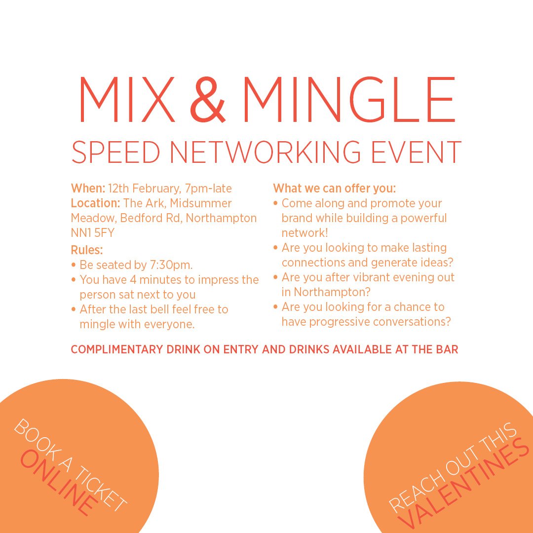 A fun twist on the classic 'networking' model!
Mix & Mingle is a speed networking event being held on the 12th of February from 7 pm at The Ark Northampton.
#Northampton #Northamptonshire #Northamptonnetworking #Northamptonbusiness #networkingevent #networking