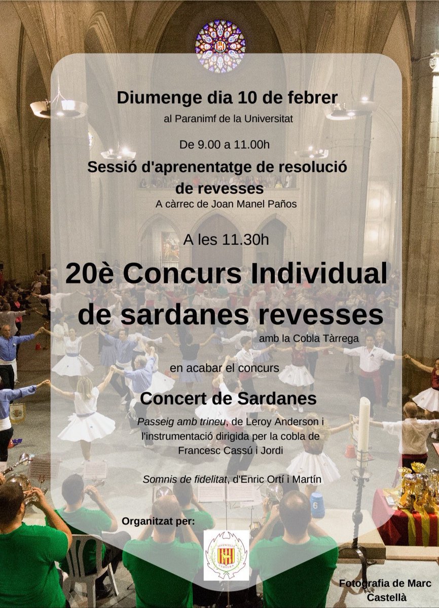 📣📣 Ja tenim aquí el XXè Concurs de Sardanes Revesses de Cervera.

🕙 Diumenge 10 a les 11.30 h
📍 Al Paranimf de la Universitat

Us hi esperem a tots! 👫

<a href="/paeriacervera/">Paeria de Cervera</a>