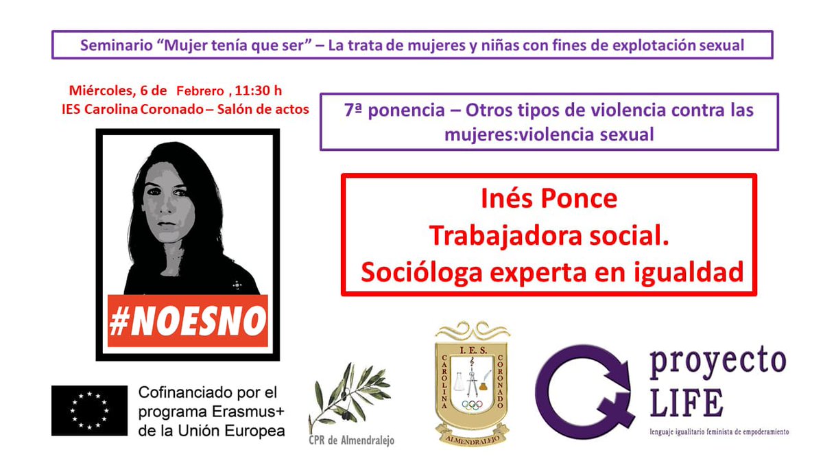 Este miércoles estaré en el IES Carolina Coronado participando en el seminario contra la Trata de Mujeres y Niñas con Fines de Explotación Sexual, puesto en marcha por <a href="/proyctoLIFE/">proyectolife</a>