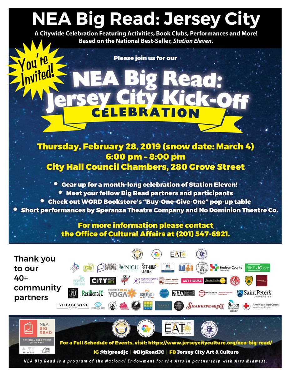 VisitHudsonNJ's tweet photo. Mark your calendars for the NEA Big Read: Jersey City Kick-Off Celebration being held on Thursday, February 28th, 6pm-8pm at City Hall Council Chambers! Join this month-long Citywide Celebration featuring Activities, Book Clubs, Performances & much more @JCArtCulture #BigReadJC https://t.co/DPYgWn7M8o