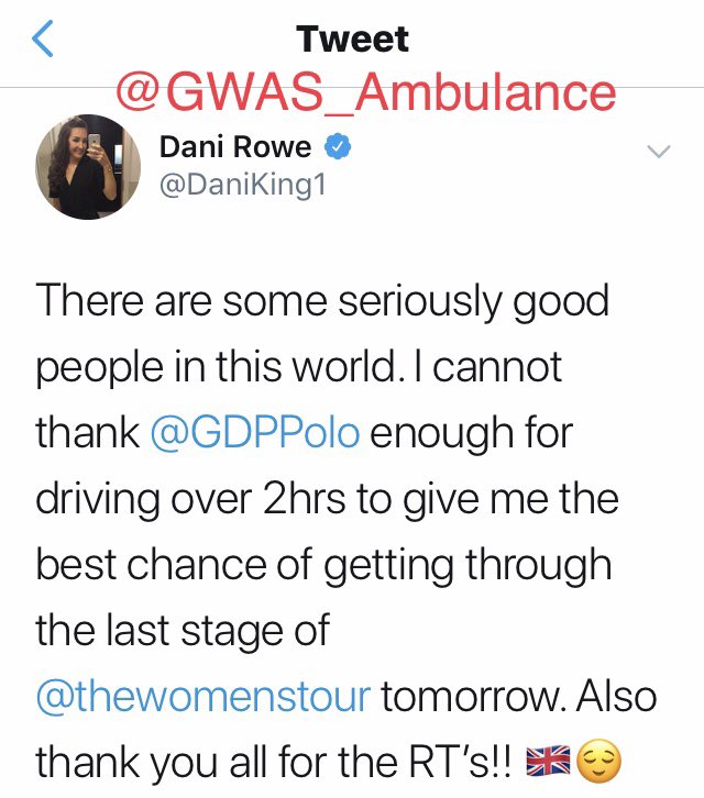 GWAS_Ambulance's tweet photo. #Throwback to @SweetSpot_Group #WTOB @thewomenstour 2018 when @DaniKing1 put out a call for assistance &amp; our MD @GDPPolo did a swift 200mile round trip to help get her to the start of the final stage. #AlwaysThere #SportsMedicineSpecialists GWAS are the UKs leading cycling medics https://t.co/xFj6w1OKLu