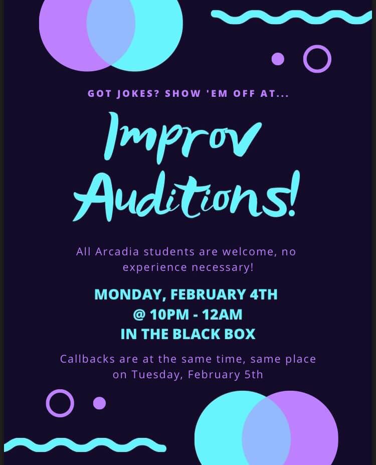 AU_Engage's tweet photo. Arcadia Improv is having their auditions tonight at 10pm in the black box! When you arrive please wait in dining hall room 106 because there is a class in the black box until 10pm! https://t.co/h5roTHpOaE