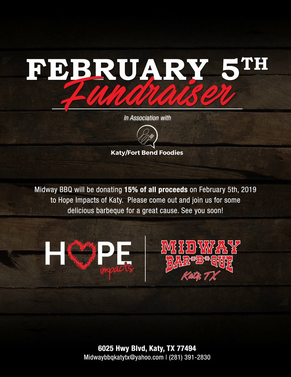 Midway_BBQ's tweet photo. Reminder for Tomorrow!
Family & Community Mean a Lot to Midway BBQ! On February 5th - 15% of ALL Proceeds will be donated to Hope Impacts of Katy.
Enjoy some delicious BBQ for a Great Cause!
#charity #fundraiser #charityfundraiser #hopeimpacts #hopeimpactsofkaty #katytx https://t.co/KU2MnDXJ54