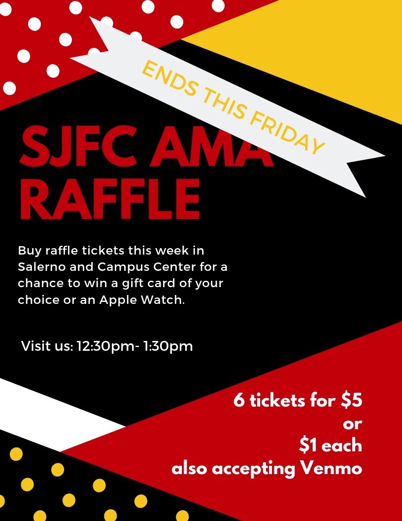 SJFC_AMA's tweet photo. This is the last week to get your tickets! Find us in Campus Center and Salerno 12:30-1:30 and enter for a chance to win 🎉🎟 https://t.co/a3mUPfPoO1