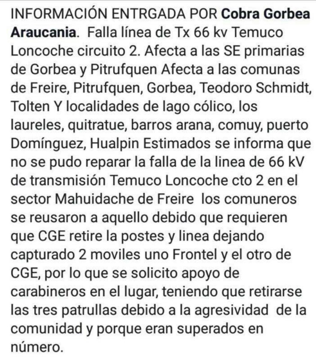 eduburgoss's tweet photo. @CGE_Clientes @ahoranoticiasAN @gorearaucania @AustralTemuco @24HorasTVN @municipiopucon @infoVillarrica @EnergiAraucania @RNEAraucania #Pucón #Villarrica #Pitrufquén #Mahuidanche Cuadrilla de @Frontel_ fué superada por comunidad y fué retenido un movil que presenta impactos de perdigones. #Araucania https://t.co/RUOlVOFN1H