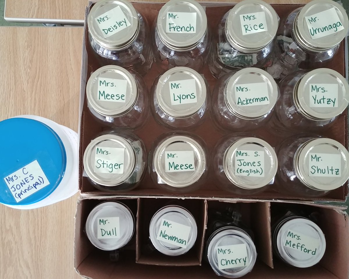 Vote on your favorite teachers to get a pie in the face  by putting money in their jar this week until Friday!! 1st, 2nd, and 3rd place teachers win! Who do you think will get it?