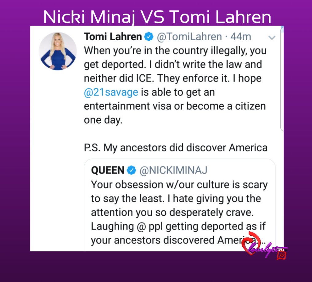 lovelyti's tweet photo. Nicki Minaj calls out Tomi Lahren over her 21 Savage deportation jokes on Twitter. 
Any Thoughts ?
#NickiMinaj #tomilahren #lovelyti2002 #21Savage https://t.co/fp5KecqFs7