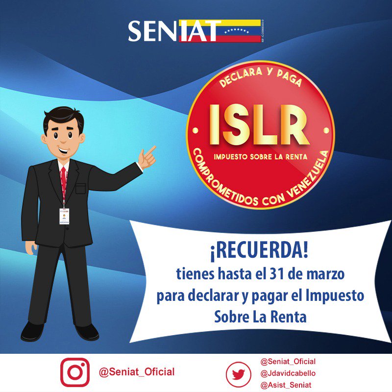 Amigo contribuyente, recuerda que debes declarar y pagar el ISLR antes del 31 de marzo.
#SeniatTrabajaParaTi