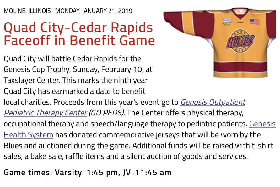 mhshlqcblues's tweet image. 🚨🚨Come support the Quad City Blues on Sunday @ the TaxSlayer Center as we raise money for Genesis Outpatient Pediatric Therapy Center‼️ Watch both JV and Varsity play @RapidsHigh and donate money for #GOPEDS 🚨🚨

🆕Blues alumni game @ 10 am Sun.
#TeamJen #GoPeds #BenefitGame