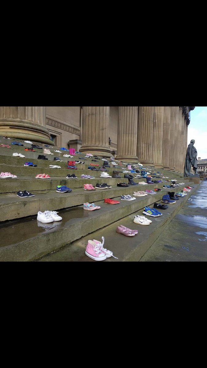 dr_treisman's tweet photo. From Lucy’s blue day- This hard hitting image is what #ChildrensMentalHealthWeek is all about.

These shoes on the steps of St George's Hall represent the 226 school children who lost their lives to suicide in 2017.

Let’s work together to change this https://t.co/RVutHlk3ZC