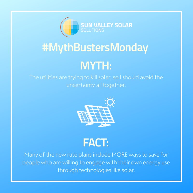 #MythBustersMonday
❌ MYTH: Utilities are trying to kill solar.

☀️ FACT: Many of the new rate plans include MORE ways to save for people who are willing to engage with their own energy use through technologies like solar.

Read more on our latest blog! hubs.ly/H0grVXC0