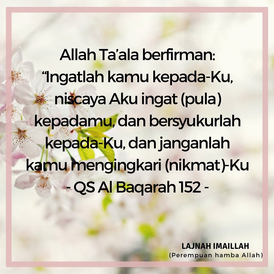 LajnahIndonesia's tweet photo. Allah Ta’ala berfirman: “Ingatlah kamu kepada-Ku, niscaya Aku ingat (pula) kepadamu, dan bersyukurlah kepada-Ku, dan janganlah kamu mengingkari (nikmat)-Ku
(QS Al Baqarah 152)

#muslimah #wanitamuslimah #quotemuslim  #quoteislam #kutipanmuslimah #kutipansurah #bersyukur https://t.co/eopboSLbwR