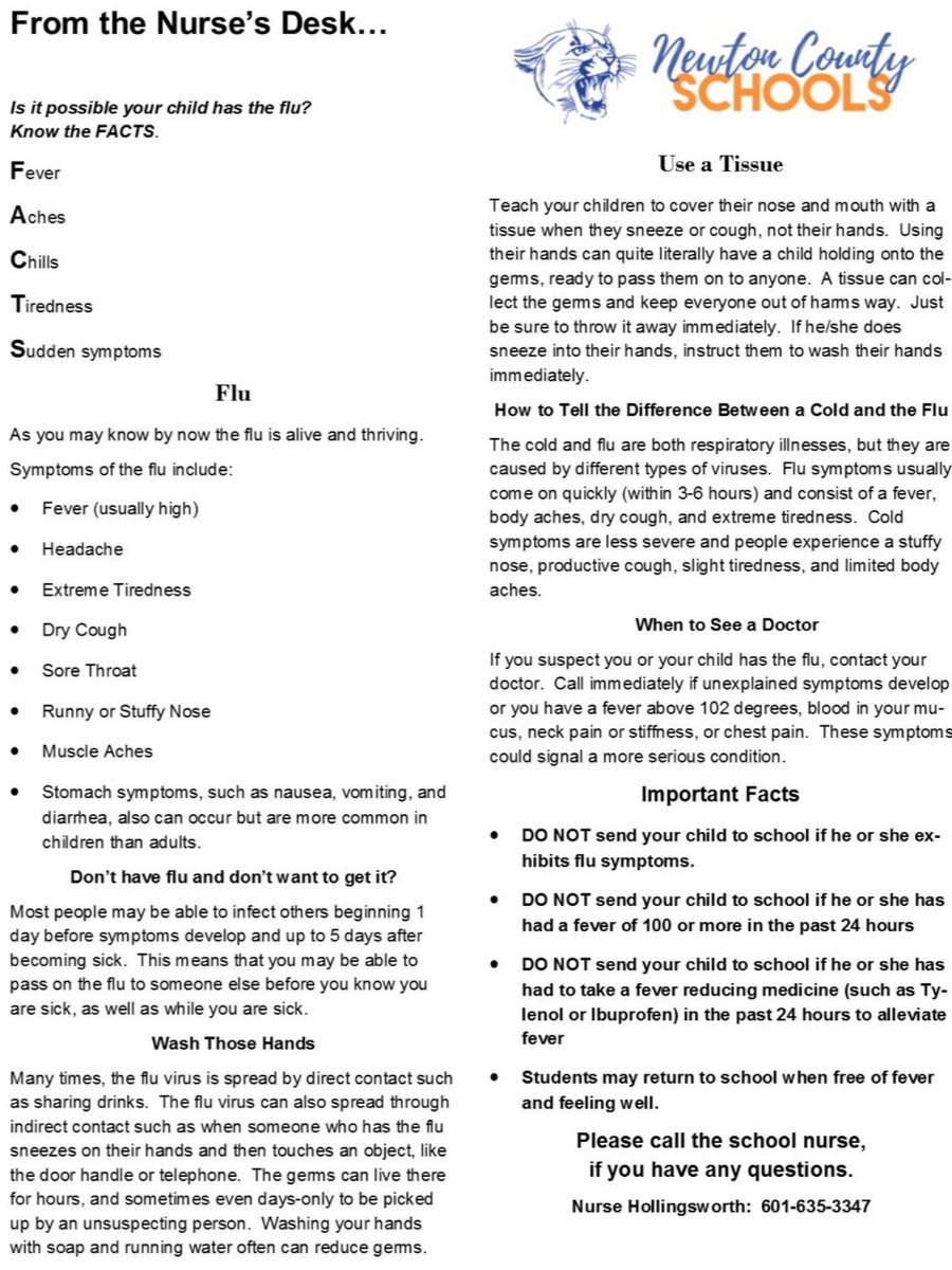 NCHSCougars's tweet image. A special message from NCHS's school nurse, Rae Hollingsworth,  as we fight the flu season at our schools. 
#flutips
#flufacts
#fighttheflu 
@NCAppeal 
@WTOKTV