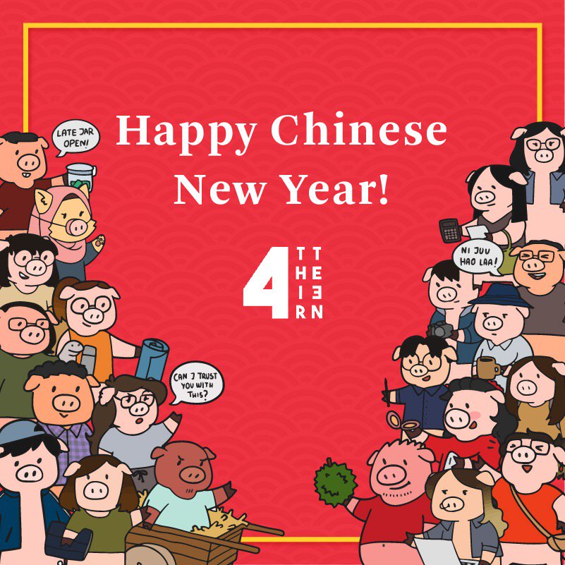 4thirteenmedia's tweet photo. Gong Xi Fa Cai! Hoggy New Year! We hope this is the year you bring home the bacon, fulfil your hambitions, and discover that dream boar/sow. But in the meantime, please accept these best wishes from our piggy* selves. 4 Thirteen 猪你新年快乐！

*(most of us, anyway) https://t.co/bQTLbQbMxk
