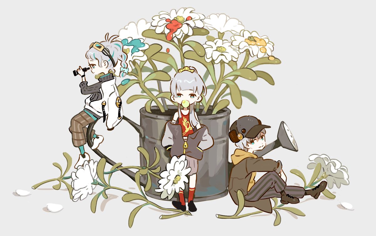 flower multiple boys sitting jacket blue hair goggles on head hat  illustration images