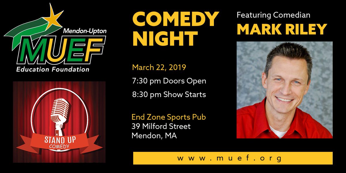 Mendon Upton Education Foundation (@muefoundation) on Twitter photo MUEF is hosting Comedy Night at the End Zone Sports Pub in Mendon on Friday, March 22! Doors open at 7:30 pm; Show starts at 8:30 pm. Tickets are $25 in advance at muef.org; $30 at the door. Please join us to support innovative programming in the <a href="/MendonUptonRSD/">Mendon-Upton RSD</a>! MUEF is hosting Comedy Night at the End Zone Sports Pub in Mendon on Friday, March 22! Doors open at 7:30 pm; Show starts at 8:30 pm. Tickets are $25 in advance at muef.org; $30 at the door. Please join us to support innovative programming in the <a href="/MendonUptonRSD/">Mendon-Upton RSD</a>!