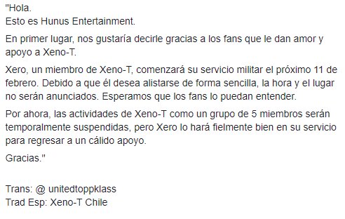 XENO_T_Chile's tweet photo. [Trad. | 190204] Comunicado de Hunus Entertainment sobre el alistamiento de Xero #XENO_T #제노티

Trans: @ unitedtoppklass
Trad Esp: Xeno-T Chile https://t.co/U3xInmtklX