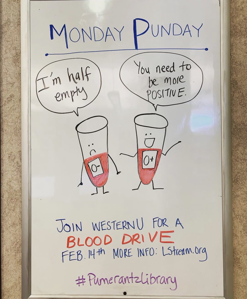 pumerantzlib's tweet photo. Happy Monday Punday! Make a POSITIVE difference by donating blood on Feb. 14th from 10-4pm at the blood mobile near the Pet Health Center. For more info. visit https://t.co/O9TAWFEtec. #pumerantzlibrary #westernuway @westernunews #GiveHope #GiveLife #GiveBlood https://t.co/t1rEjGmAU7