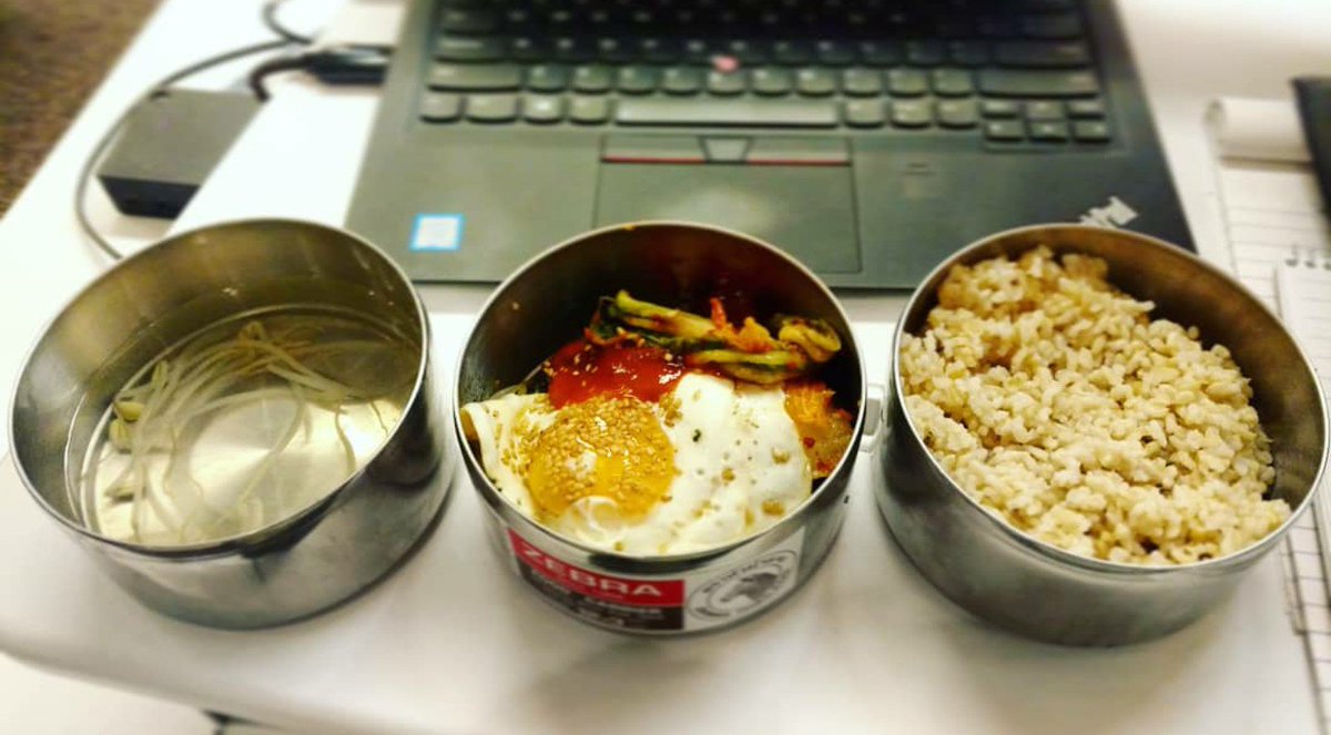 GabrielAdvisor's tweet photo. Lunch for this week, made by my partner. Vegetable bibimbap 🍲 with a sunny side up egg 🍳 and bean sprout soup 🥣. https://t.co/W83Ep1I4iV