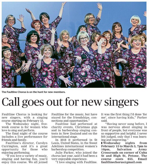 Faultline Chorus in the Hutt News today!  😁🎵😁🎵

They forgot to mention that all women are very welcome even if you don’t have a bob haircut!! 🤣