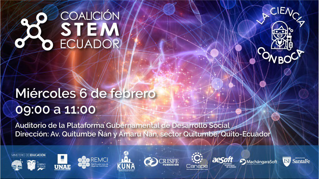 CoalicionSTEM's tweet photo. Miércoles, 6F conferencias de divulgación científica:
#CienciaConBoca en el sur de #Quito
Coalición #STEMEC
RT para circular, próximamente en otras ciudades
@Educacion_Ec @EduSuperiorEc @UNAEcuador
@SantaFe_EC @CientificasEC @KunaEcuador @machangarasoft @ccc_levincenter https://t.co/cseC1J30sD