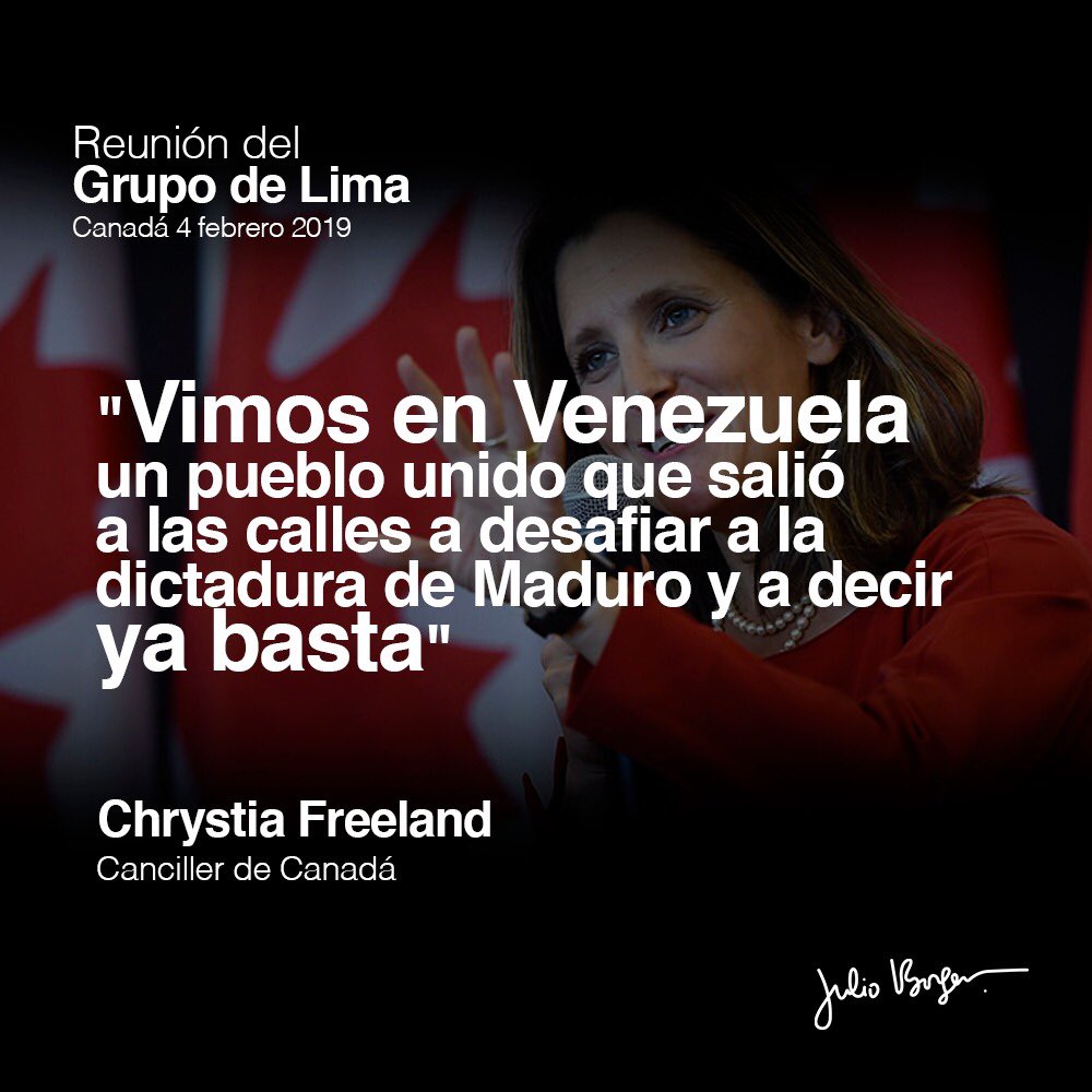 Pr1meroJusticia's tweet photo. “Vimos en Venezuela un pueblo unido que salió a las calles a desafiar a la dictadura de Maduro y a decir ya basta” Canciller #Canada 🇨🇦 @cafreeland #GrupoDeLimaConVzla https://t.co/yX2obrIbhk