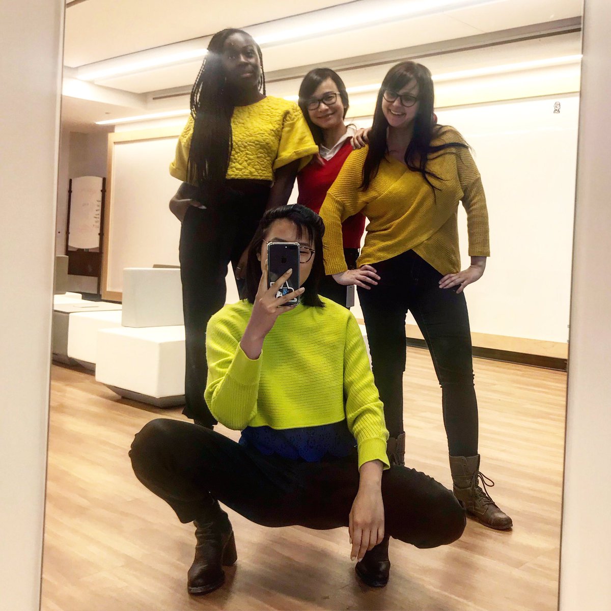 gigiestee's tweet photo. Today, Emily, @phirephoenix, @ebonysager, and I wore bright colours to breath the Monday blues. Hashtag #NeonON (hehe... get it?) https://t.co/wgERE37q3f