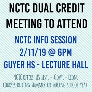Interested in earning college credits while at Guyer? Then this is the meeting you DON't want to miss! Parents &amp; Students, hope to see you there!  #dualcredit #nctc #twu