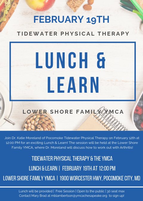 TidewaterPT84's tweet photo. Our next Lunch &amp; Learn with the YMCA will be in Pocomoke on February 19th at 12PM! Dr. Katie Moreland will be sharing tips on how to exercise with arthritis. Email mblambertson@ymcachesapeake.org to sign up! #buildinghealthycommunities #YMCA #tidewaterphysicaltherapy https://t.co/DonZaHTYoQ