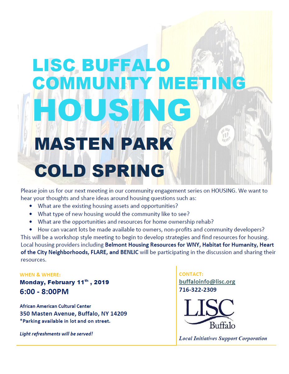 Join us for our next Masten Park-Cold Spring community meeting on February 11 at 6:00PM at the African American Cultural Center, where we'll be discussing HOUSING with our partners from <a href="/HabitatBuffalo/">Habitat Buffalo</a>, <a href="/bhrwny/">Belmont Housing</a>, <a href="/HOCN_Buffalo/">Heart of the City</a>, <a href="/BENLIC_/">The Land Bank</a>, and FLARE.