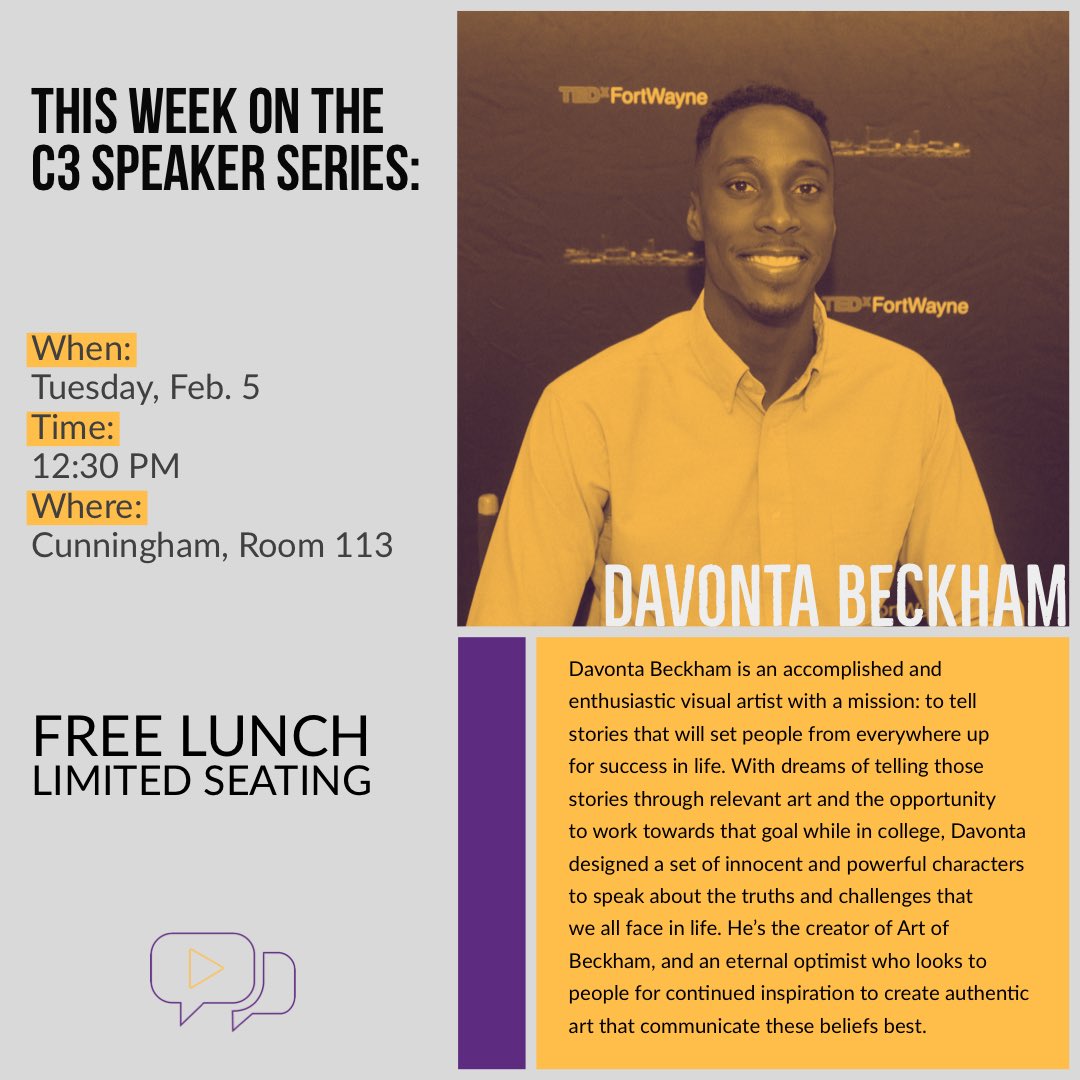 davontabeckham's tweet photo. Join me &amp; @C3atIndianaTech tomorrow @ 12:30 as we kick off this semesters C3 Speaker Series! Super excited to be apart of this! #ArtofBeckham https://t.co/jmmkuui0Gy