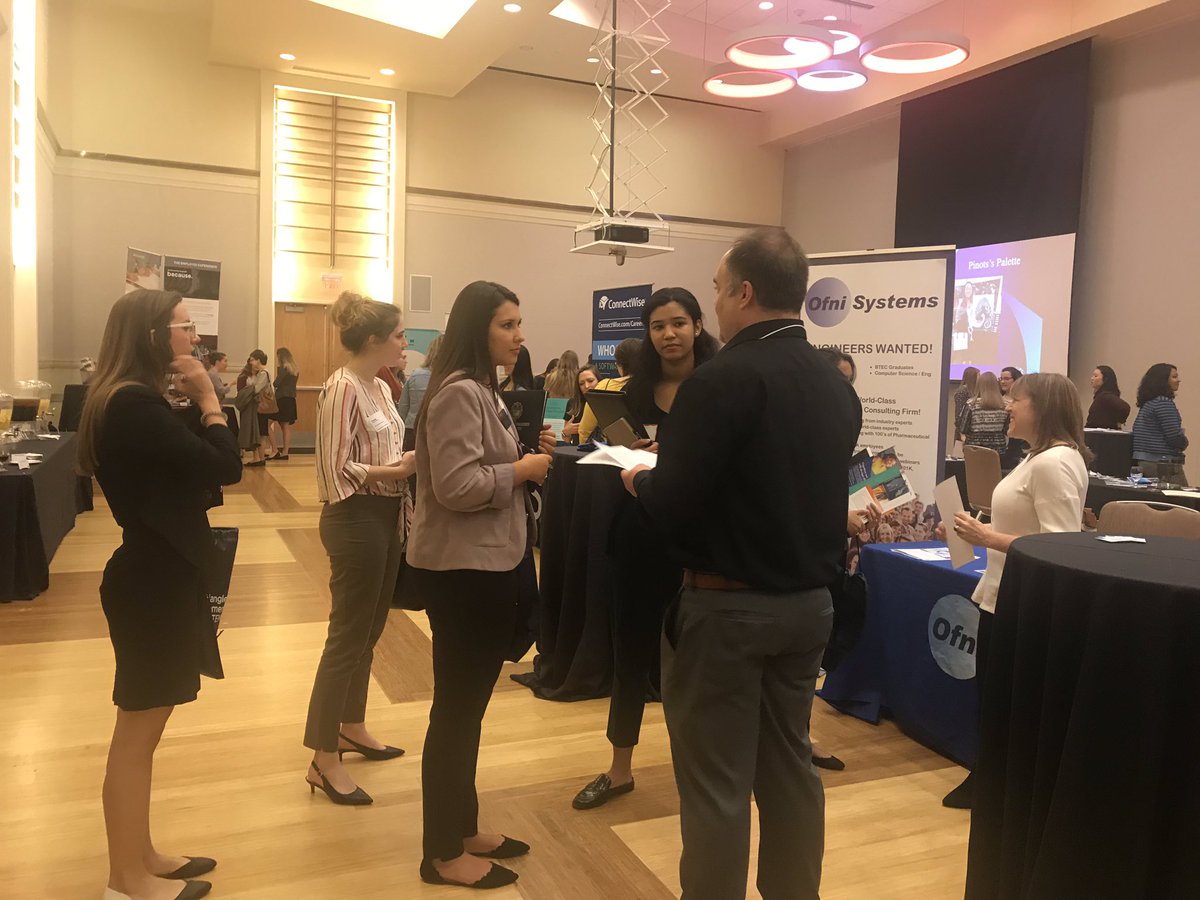 TriangleWiSTEM's tweet image. Women lining up to speak with local recruiters at The Ultimate Icebreaker. Eager students hope to break the ice with companies today and follow up at the NCSU Engineering Career Fair on Wednesday #TriWiSTEM #womENgineering