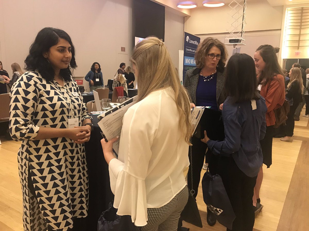 TriangleWiSTEM's tweet image. Women lining up to speak with local recruiters at The Ultimate Icebreaker. Eager students hope to break the ice with companies today and follow up at the NCSU Engineering Career Fair on Wednesday #TriWiSTEM #womENgineering