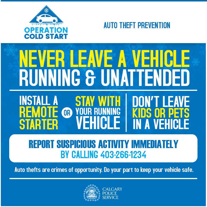 CalgaryPolice's tweet photo. 7 vehicles have been stolen in #Calgary so far today.... left unlocked and running with keys in the ignition. With temperatures expected to stay cold all week, we're asking you to help us stop these preventable crimes of opportunity. #yyc https://t.co/Fq9sH6MCpJ
