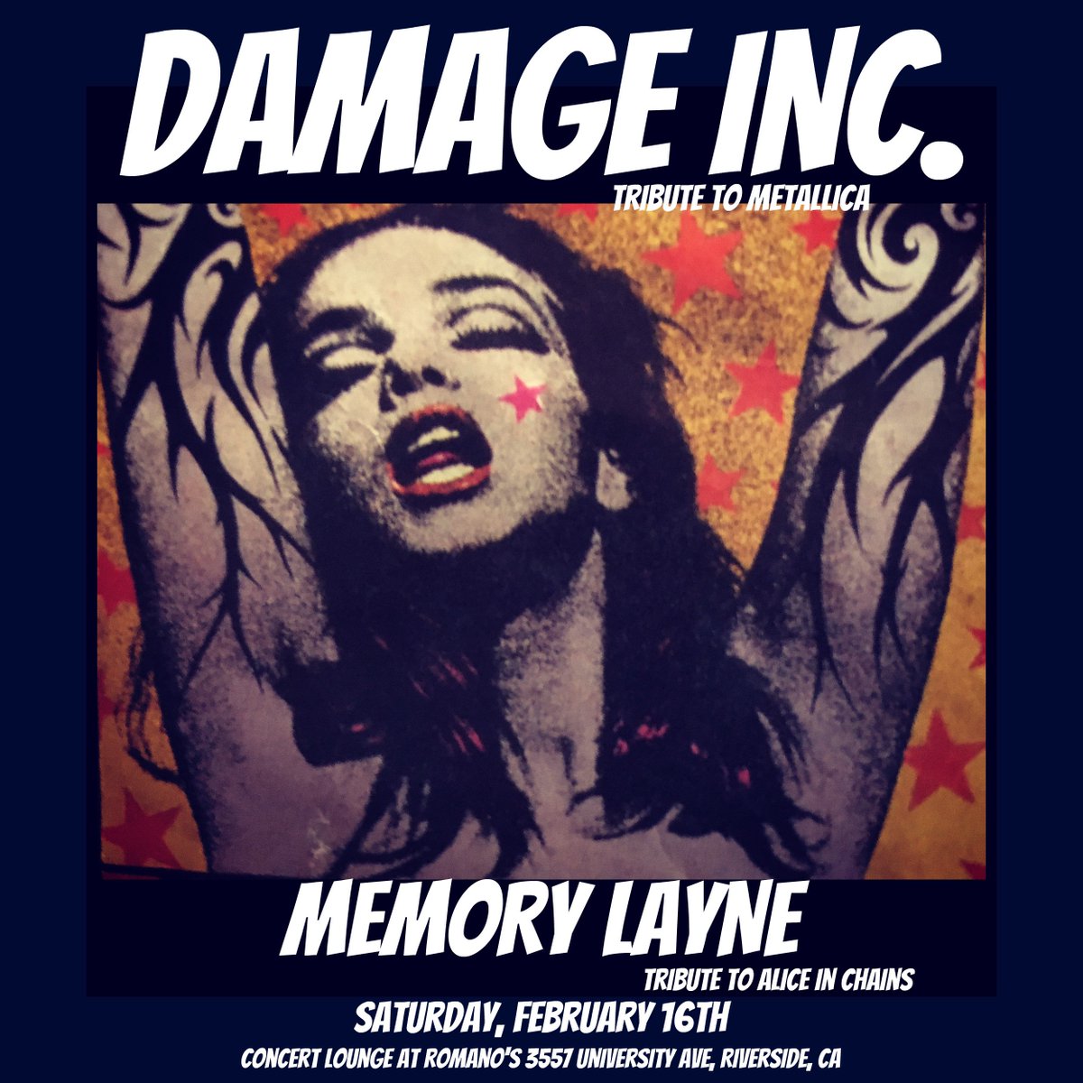 memory_layne's tweet photo. @socaldamageinc @memory_layne @romanosconcerts @sduncandrums #Metallica #AliceInChains #socaldamageinc #memory_layne #romanosconcerts SATURDAY, Feb. 16th, The Concert Lounge Romano's METALLICA AND ALICE IN CHAINS \m/ Monster tribute!! https://t.co/zVzSEVyKVg