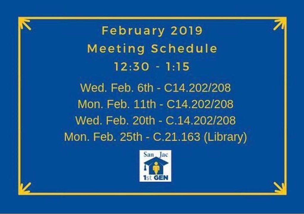 SanJac1stGen's tweet photo. Reminder! First meeting this Wednesday from 12:30 to 1:15 in C14.202/208. To join the group: San Jac website - Campus Life - First Generation Students - Students Join Here. Your online membership form will be submitted. DM for any questions! https://t.co/bC2dkV8CN8