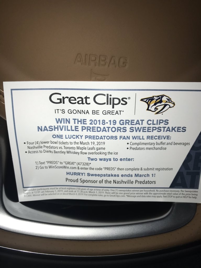 PREDSident's tweet photo. Have you entered the Great Clips’ Preds Sweepstakes yet?? Well, what are you waiting for? https://t.co/6wMWsFhDER