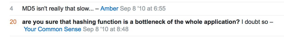 – Qué pasa si acá uso SHA1 en lugar de MD5?

* En <a href="/StackOverflow/">Stack Overflow</a> te devuelven a la realidad de un cachetazo.