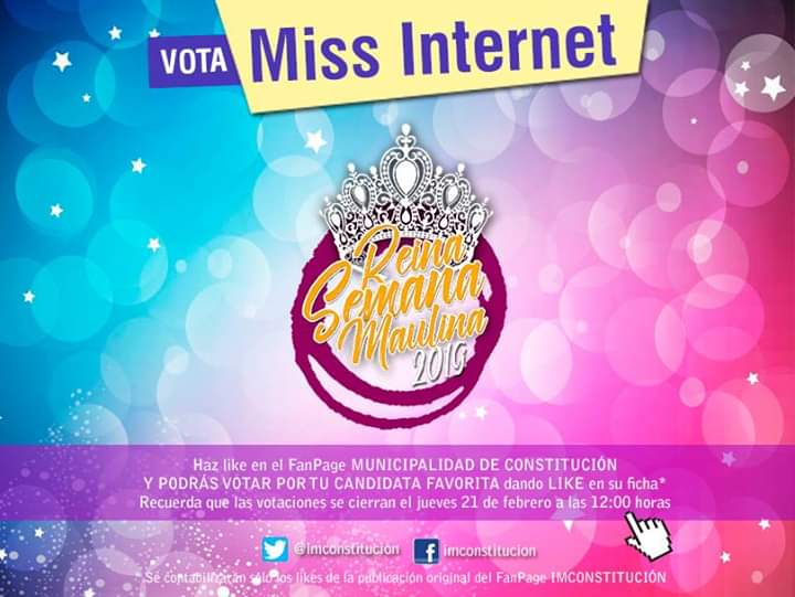 IMCONSTITUCION's tweet photo. 📣Vota por tu candidata favorita👈
Haz like en la ficha de tu candidata. La que obtenga más like será #MISSINTERNET 🖱
Sólo son válidos los likes realizados en la publicación original del FanPage Municipalidad de Constitución (IMCONSTITUCION). 💪 https://t.co/riNateiMzI
