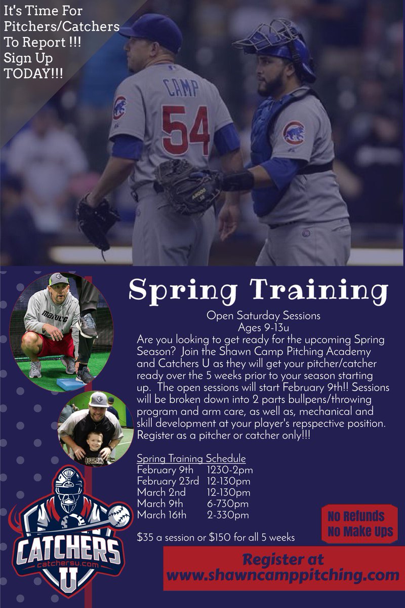 Breaking News!!! <a href="/shawncamppitch/">Shawn Camp</a> and <a href="/CatchersU/">Catchers U®️</a> will be teaming up to get your Pitcher/Catcher ready for the upcoming Spring Season!!! Sign up at  shawncamppitching.com/page/show/4781… today #SpringTraining #Pitchers #Catchers