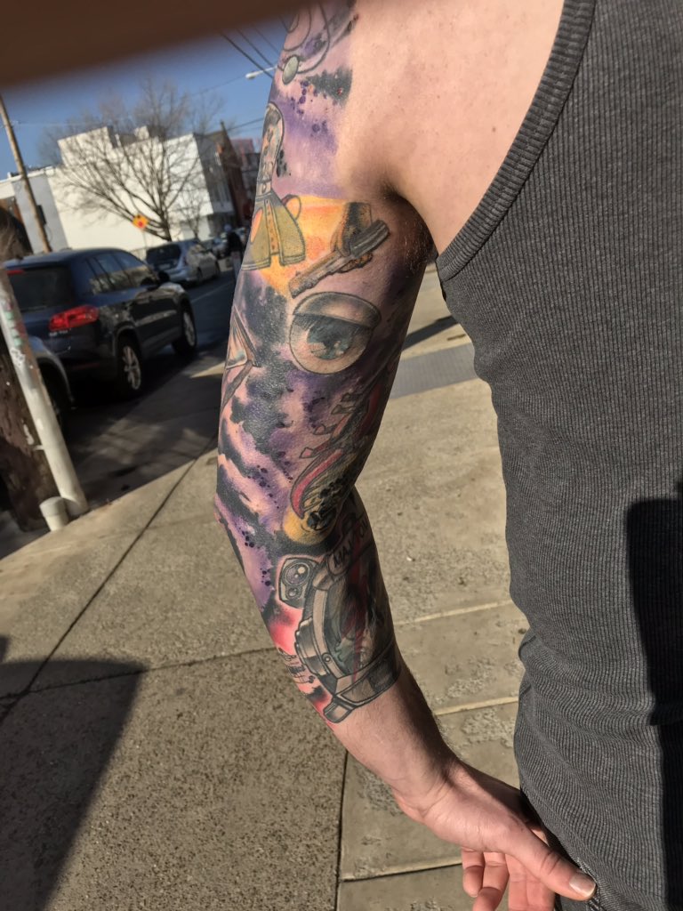 crayoladevotion's tweet photo. Matt’s 3/4 sleeve all wrapped up. He came to me with a bunch of really awesome ideas and we collage of spacey things. Thanks Matt, it was a blast! #prince #twilightzone #deathstar #lonestar #alienpod #facehugger https://t.co/3E4bY2ysEO