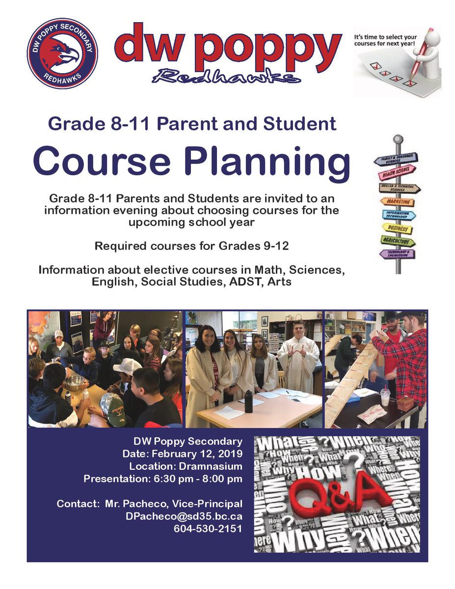 DWPoppy's tweet image. Course Planning Information Evening for current Grade 8 to 11 students and their parents - Tuesday February 12 - 6:30 pm - small gym! #courseplanning @LangleySchools