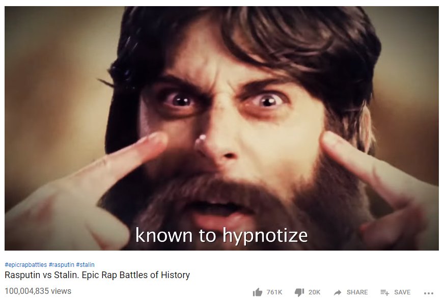 ERBofHistory's tweet photo. The 'Rasputin vs Stalin' ERB crept over the 100,000,000 views mark today. Always a nice feeling. Thank you for making that happen & to Rasputin for his hypnotic skills. :) Watch it here: https://t.co/oYyluvKTeD #howmanyzeros https://t.co/7bSolbT2DB