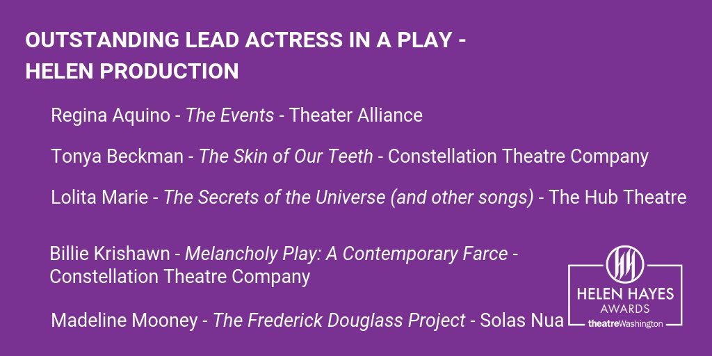 theatreWash's tweet photo. The nominees for Outstanding Lead Actress in a Play - Helen Production are... #HelenHayesAwards
@raquinosmith @ThtrAllianceDC @tbgrrl @CONSTELLATIONDC @Hub_Theatre @Solasnuacht https://t.co/PIFJ6bAtfG
