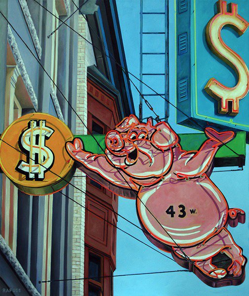 HAPPY NEW YEAR 2019 
February 5, 2019 - January 24th, 2020  
Year of the Pig - Chinese Zodiac 

(Blessed with good fortune in life.) 
“Save-On MEATS” 
Oil on canvas  
48” X 40” 
43 W Hastings Street, Vancouver 
(Collection of the artist)