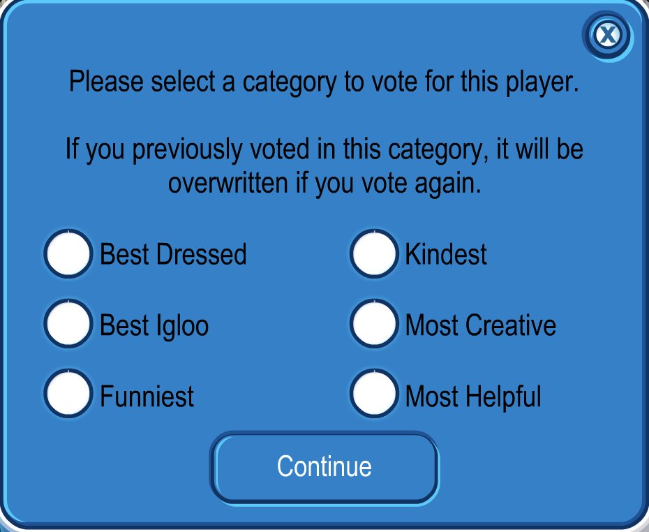 Voting is now live until February 17th! Click the gift box icon on the player's playercard to open the voting prompt. penguinoasis.com/play?ref=twt_p…