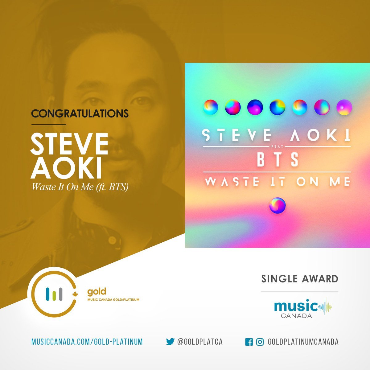 Since2013_BTS's tweet photo. .@BTS_twt's 'Waste it On Me’ &amp;
@steveaoki is now certified Gold ��in Canada (@GoldPlatCA) with 40.000 units sold.

© https://t.co/BfnbFPOJK7