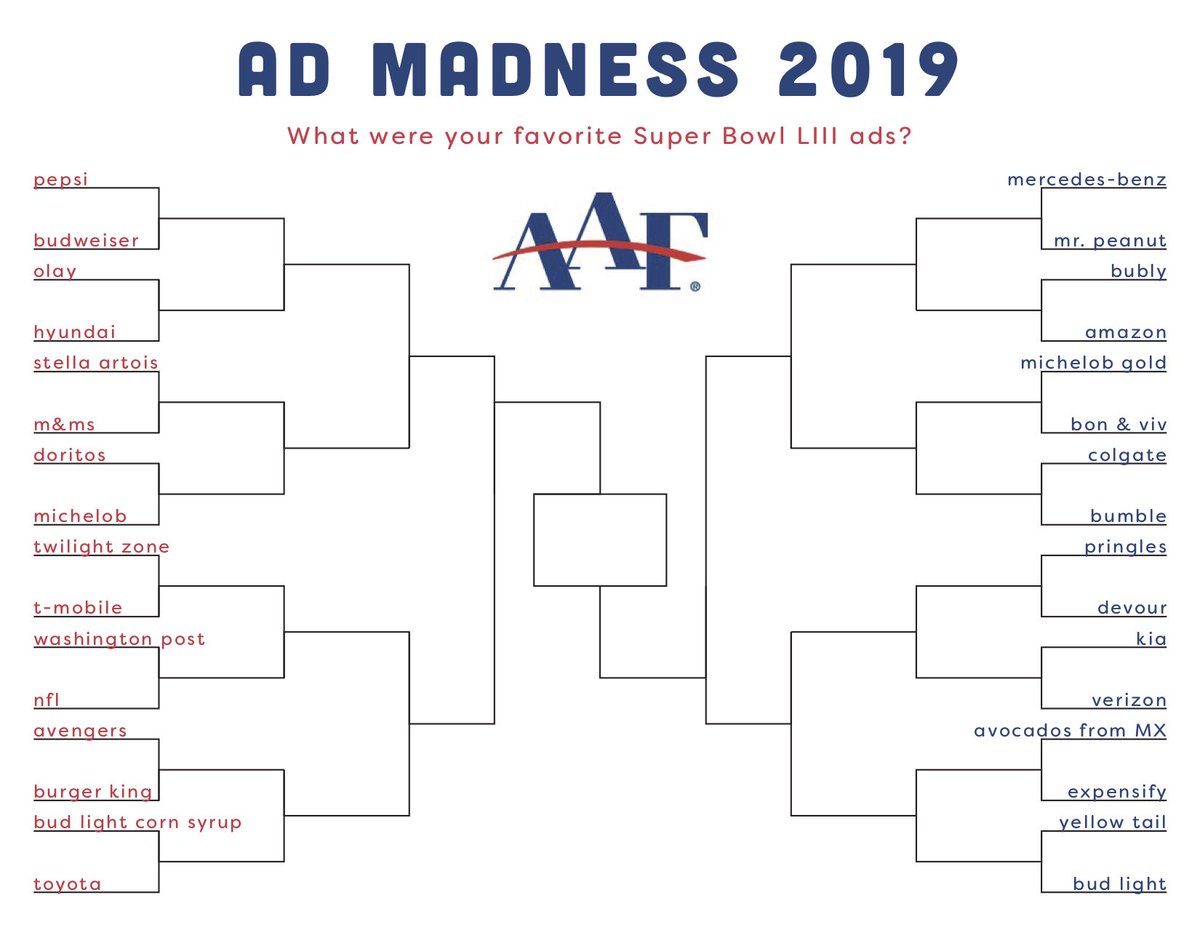 MarshallSOJMC's tweet photo. What was your favorite Superbowl Ad? The MU Ad Club made a bracket to help you decide! Fill it out and tweet us your answer! #MUAAF #AdMadness2019 https://t.co/5UjE0TvkbP