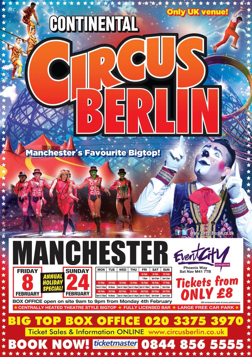 From the producers of the Moscow State Circus and Circus Extreme comes the incredible and jaw dropping Continental Circus Berlin. ONLY UK VENUE! @EventCity Manchester: 08 - 24 FEBRUARY 
TICKETS FROM £8 +  FREE PARKING!
Call 0203 375 3970 or visit circusberlin.co.uk